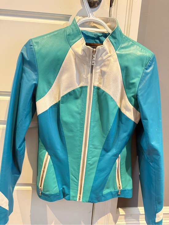Danier Jackets & Blazers - Danier Genuine Leather Teal Blue White Colourblock Moto Jacket 2XS Y2K